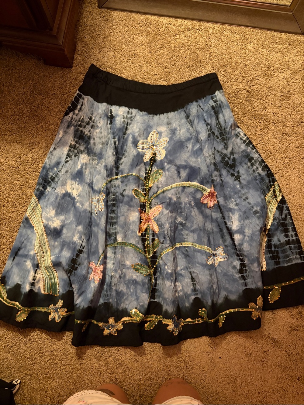 Vintage Blue Tie-Dye Floral Embroidered Skirt